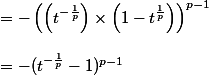 = -\left(\left(t^{-\frac{1}{p}} \right)\times \left(1-t^{\frac{1}{p}} \right)\right)^{p-1} \\  \\ = -(t^{-\frac{1}{p}} - 1)^{p-1}